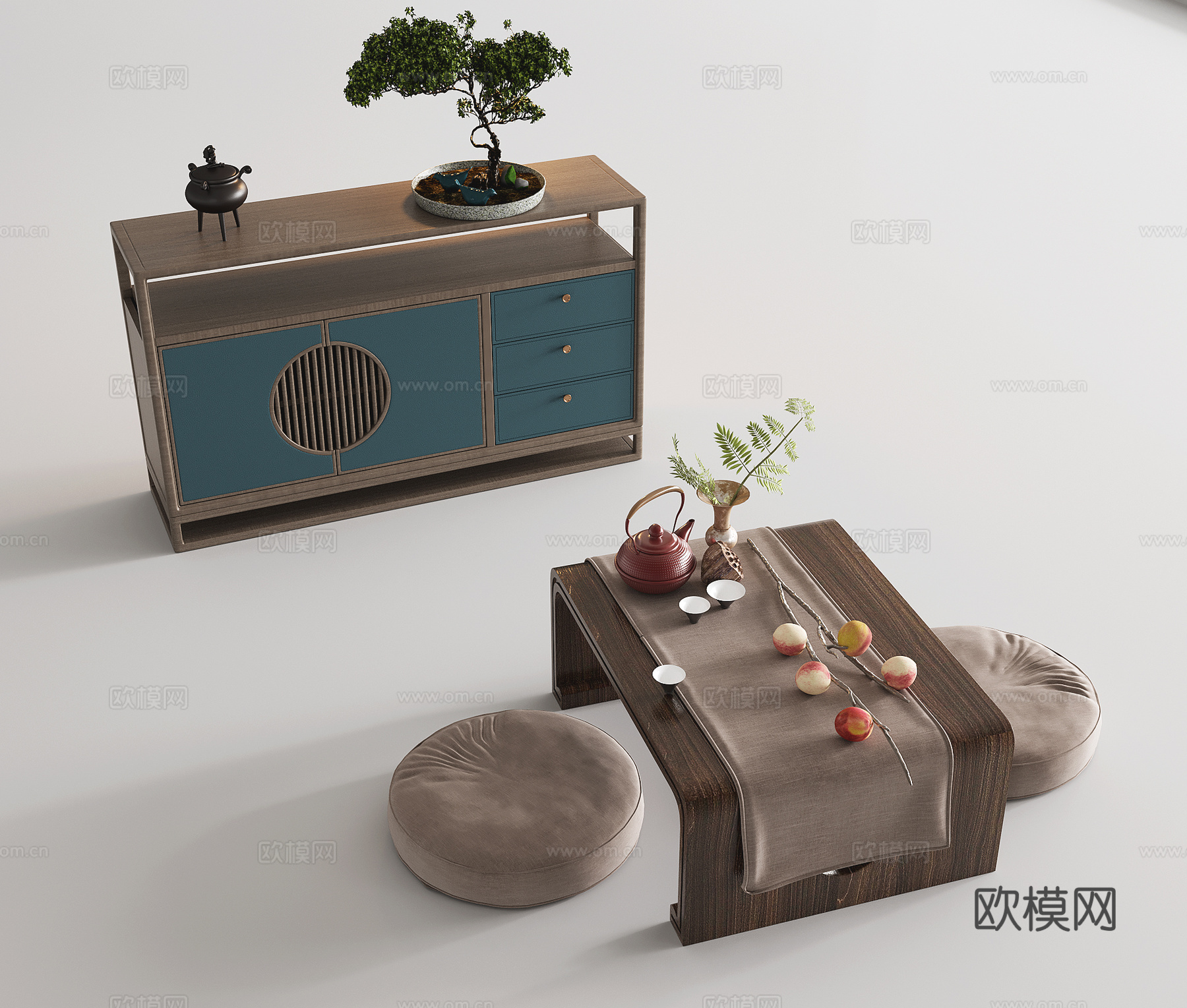 新中式装饰柜 玄关柜 储物柜 茶桌椅 茶桌 茶台3d模型