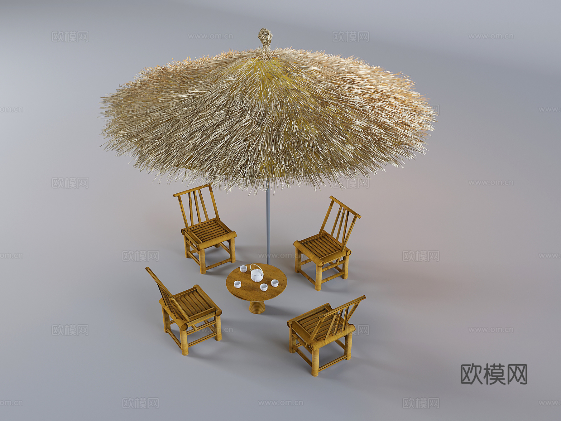 茅草棚草编遮阳伞 新中式竹编桌椅 实木圆桌几竹编椅3d模型