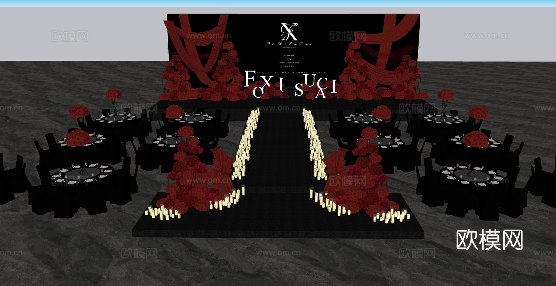 中心大屏两侧布置红色布幔秀场风婚礼设计su模型下载（渲染图5）