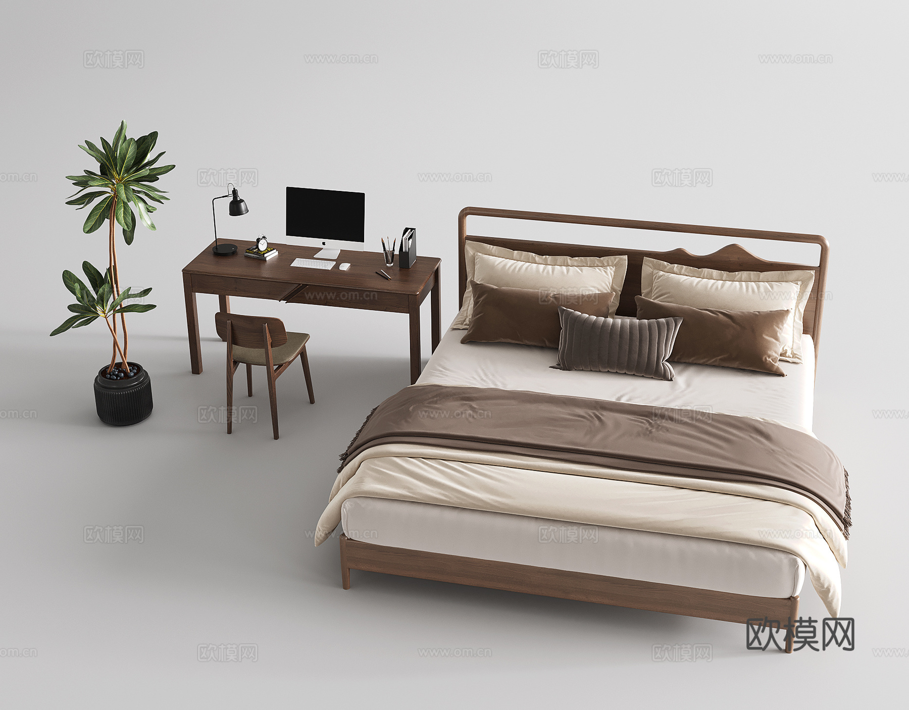 中古风床 学习桌 书桌 盆景3d模型