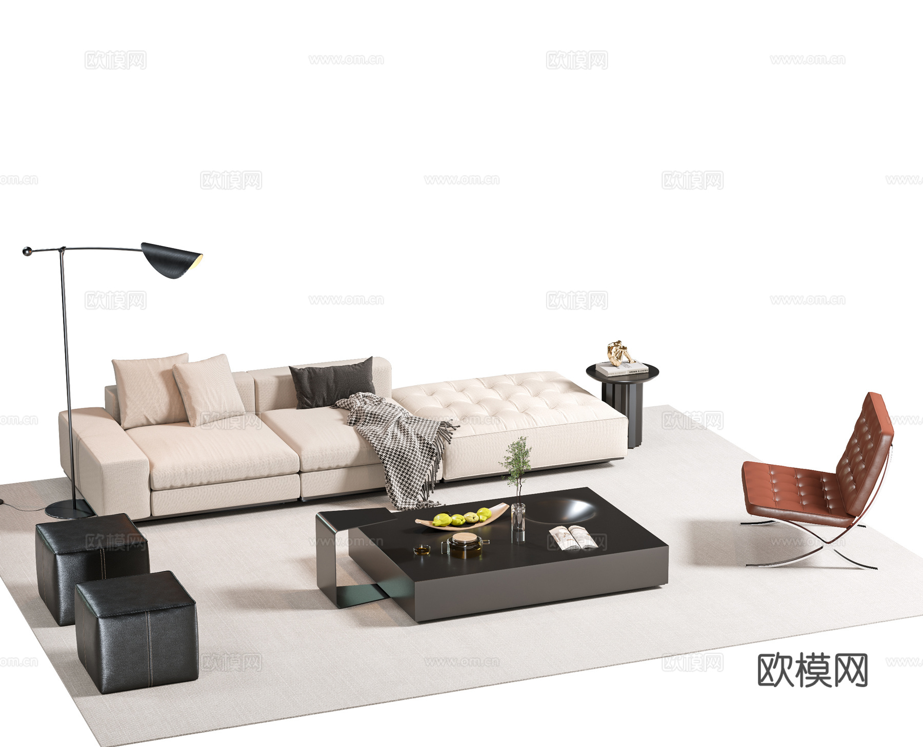 现代意式沙发组合 办公沙发茶几 弧形沙发 皮质沙发 Mino3d模型