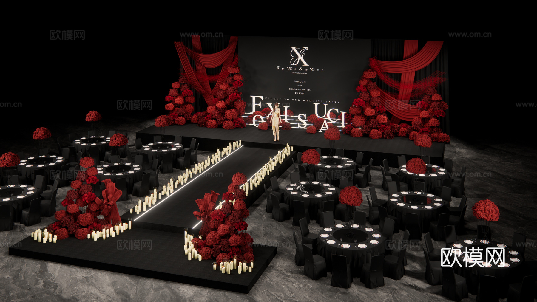 中心大屏两侧布置红色布幔秀场风婚礼设计su模型下载（渲染图3）