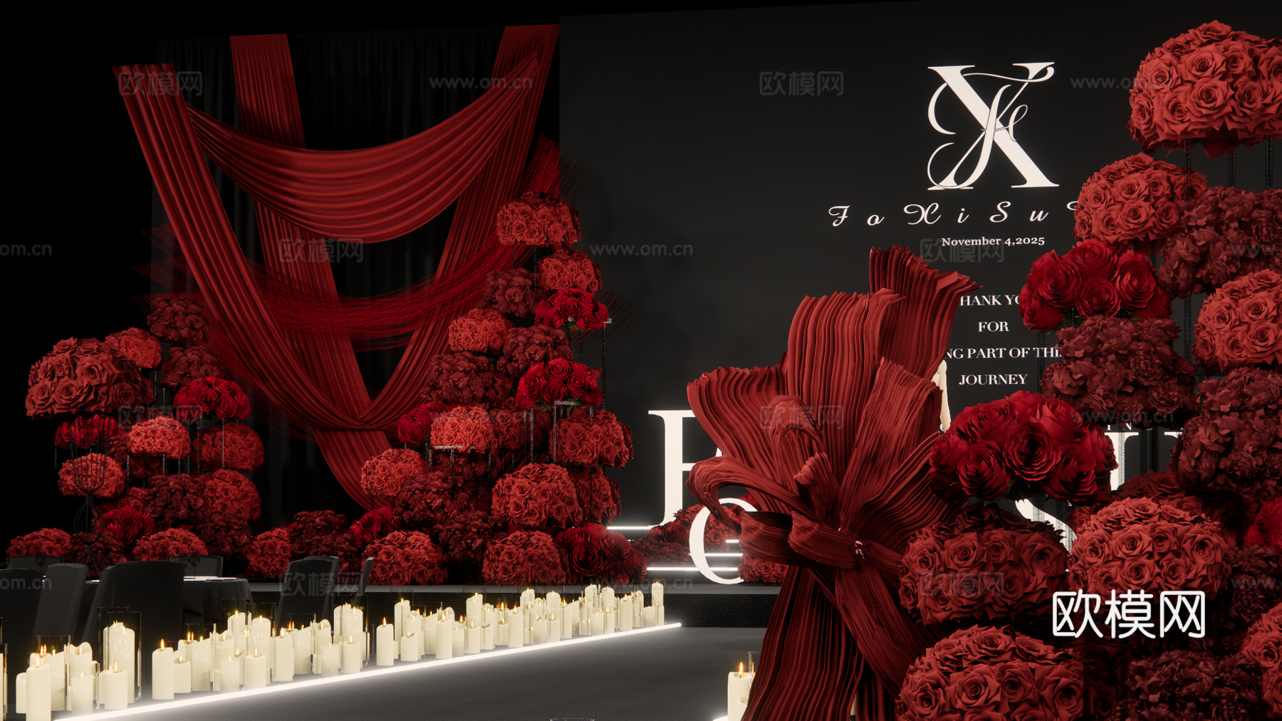中心大屏两侧布置红色布幔秀场风婚礼设计su模型下载（渲染图2）