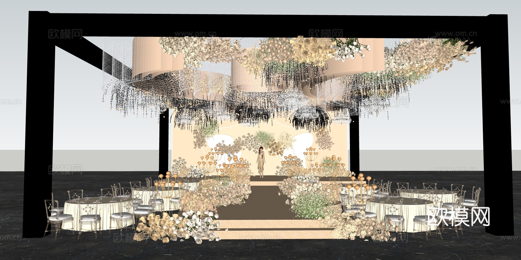 香槟色 背景板水晶花艺 吊顶婚礼设计su模型