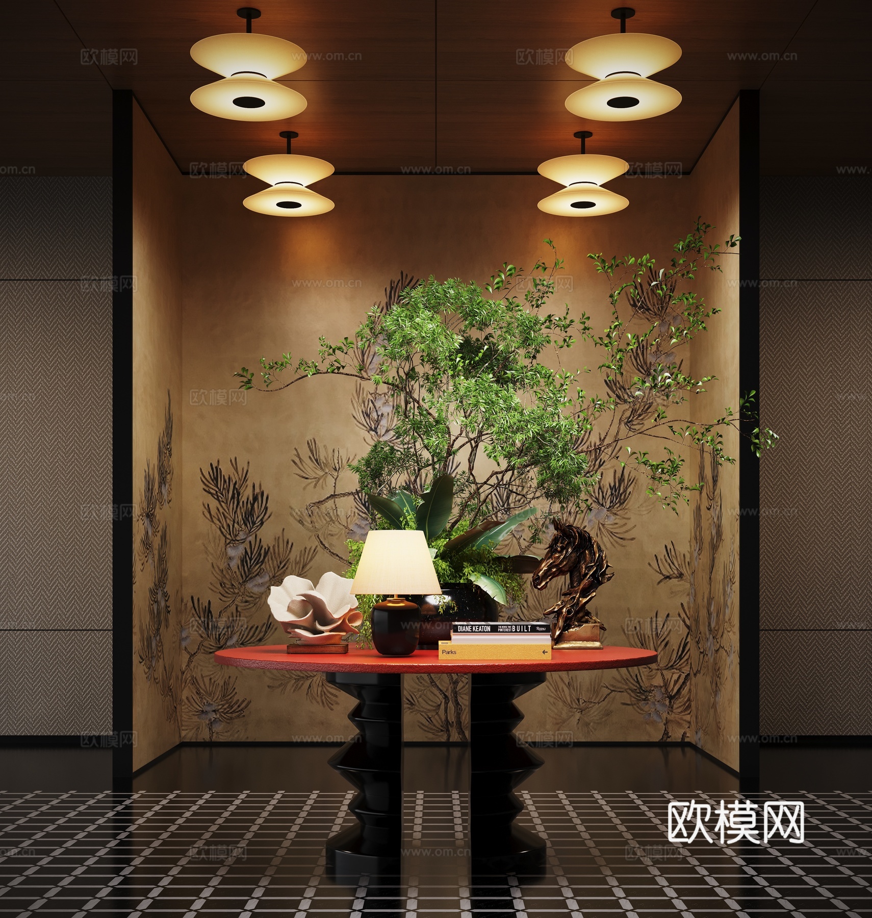 现代酒店大厅 花艺装置 花艺摆台组合su模型