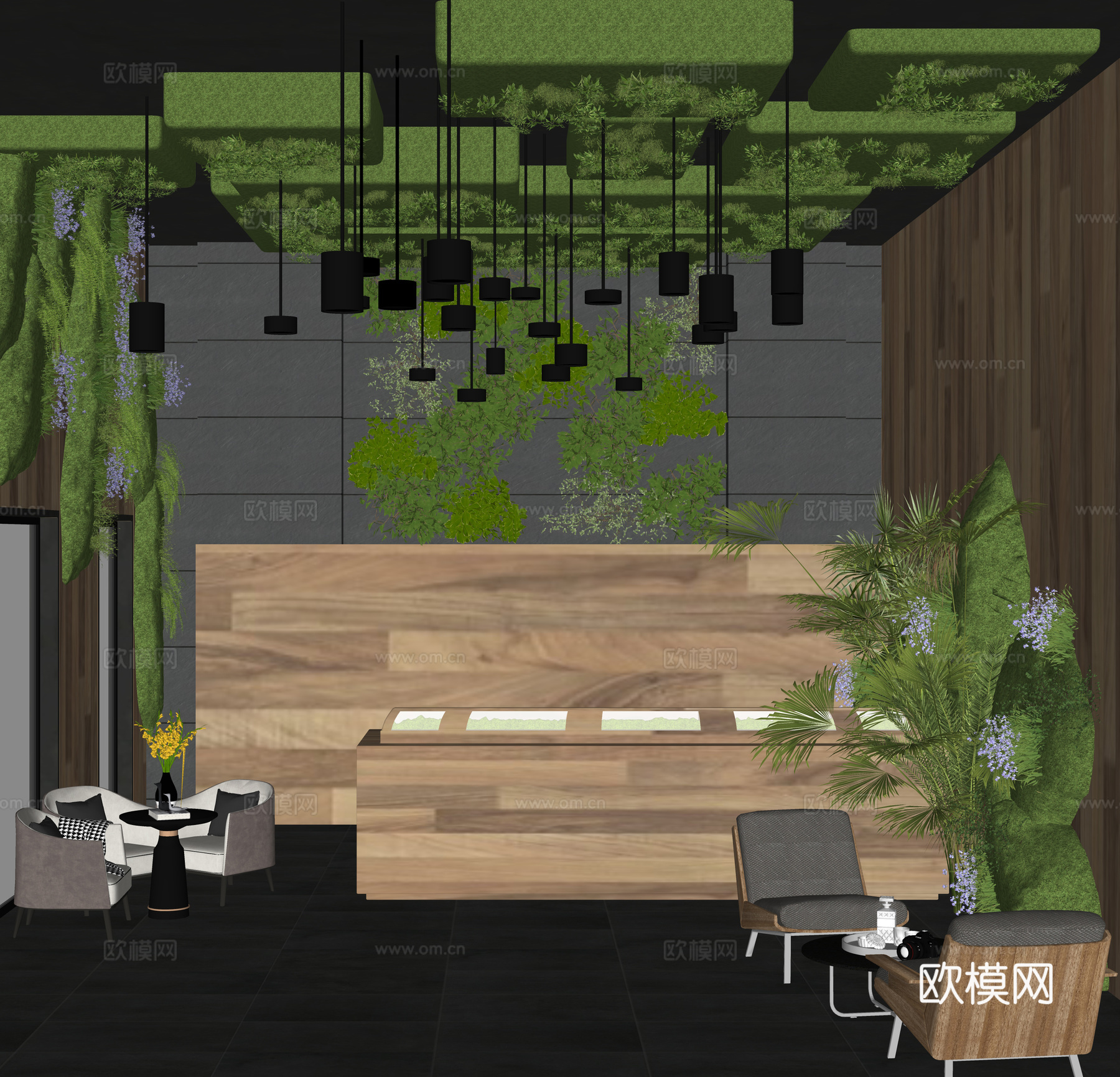 现代办公前台 办公前台 吊灯 苔藓灌木 休闲沙发座椅su模型下载（渲染图2）