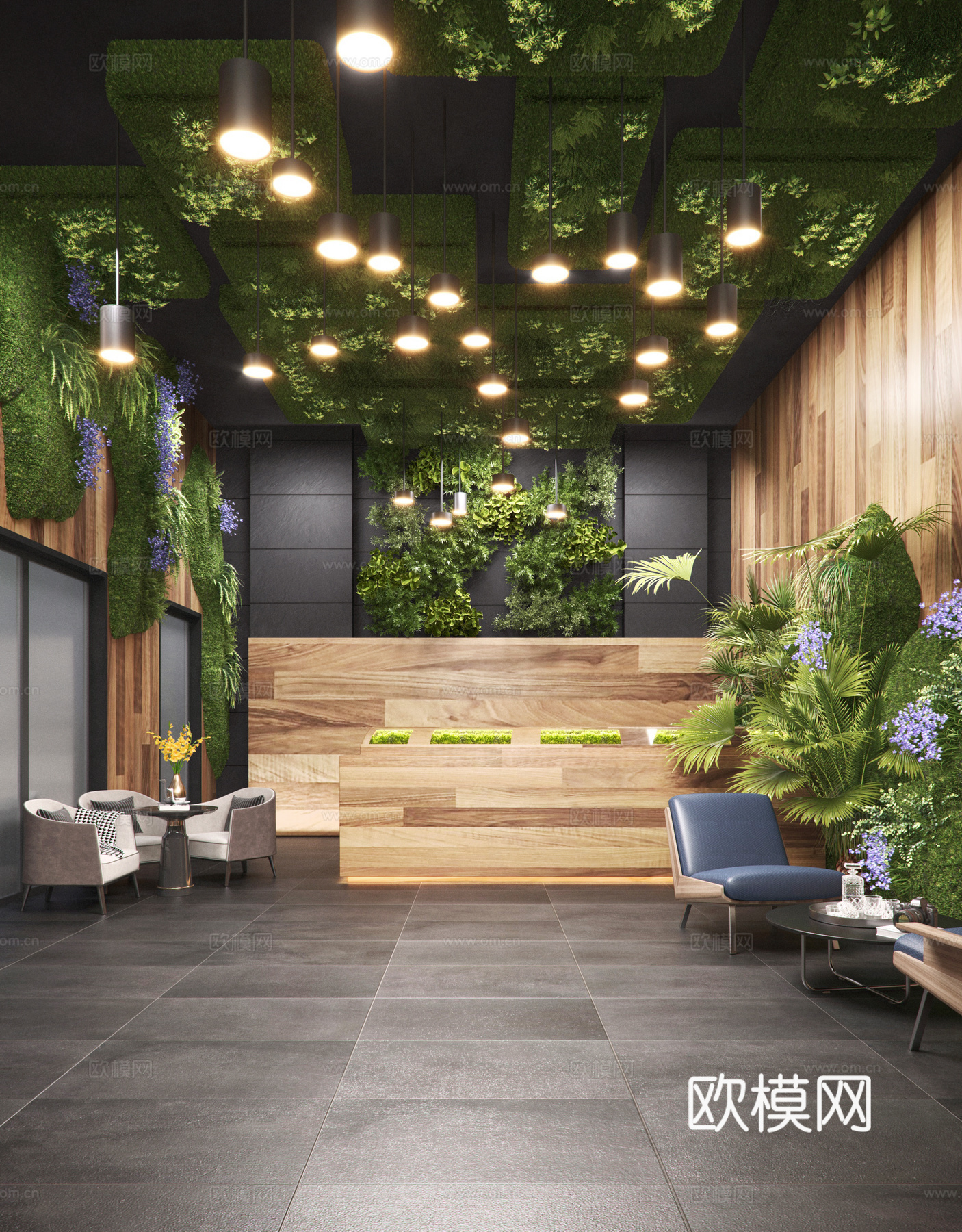 现代办公前台 办公前台 吊灯 苔藓灌木 休闲沙发座椅su模型下载（渲染图1）