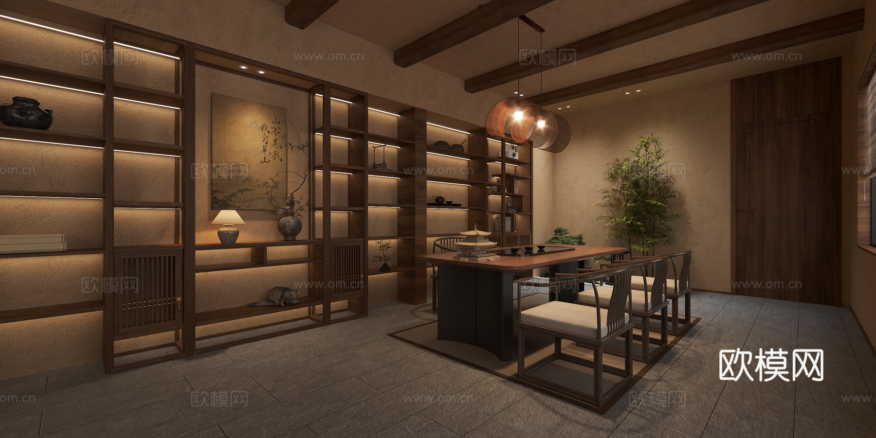 复古 中古 茶室 休闲室 茶桌椅 绿植摆件 博古架3d模型