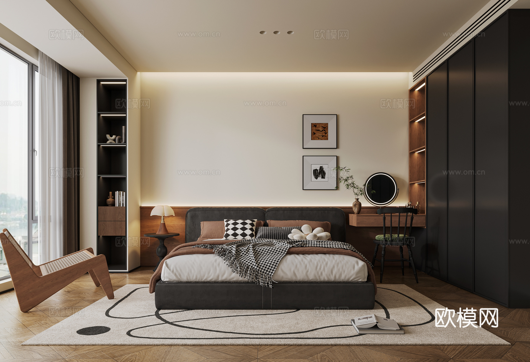 中古风卧室 床品 床头柜 装饰画 梳妆台 单人椅 台灯su模型