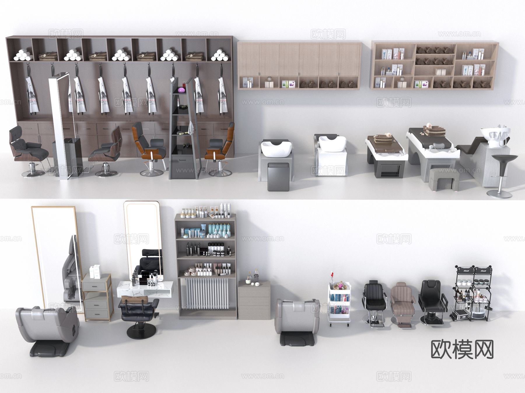 理发店椅子 洗头床 理发店店装饰柜3d模型