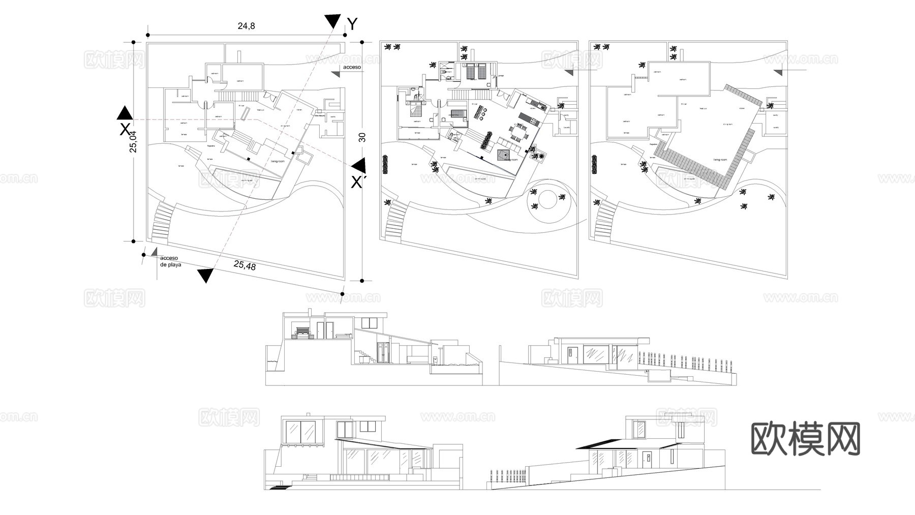 斜坡地段3卧室现代住宅建筑平面图cad施工图