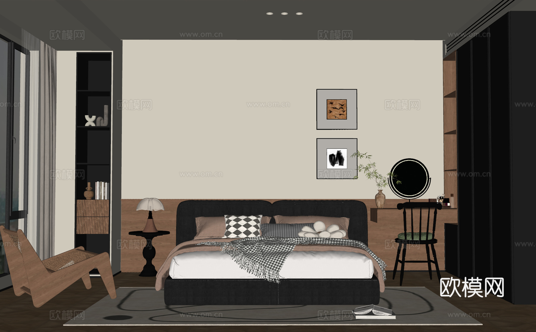 中古风卧室 床品 床头柜 装饰画 梳妆台 单人椅 台灯su模型