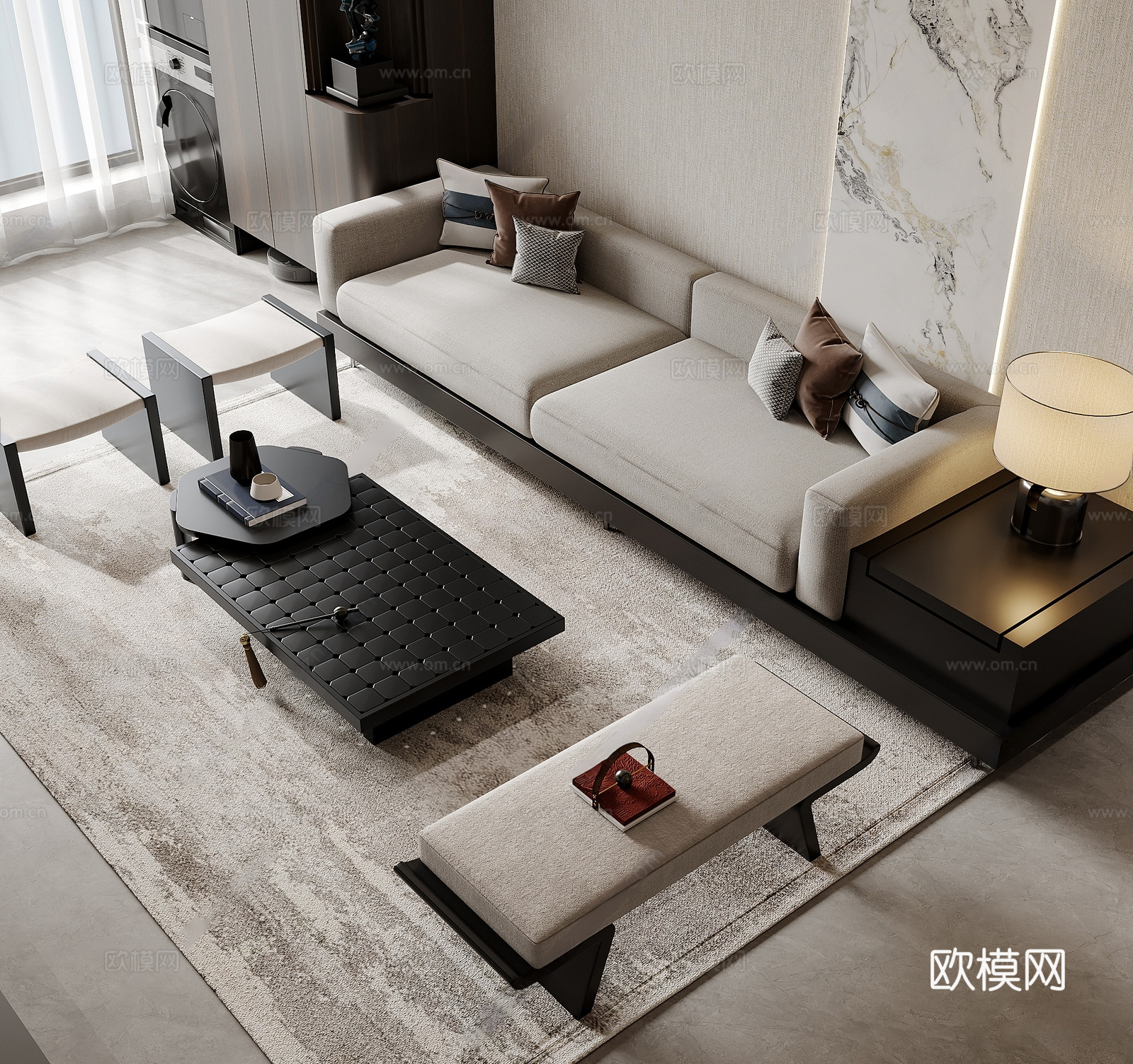 新中式中式家居客餐厅 新中式沙发茶几组合 电视背景 阳台洗衣3d模型
