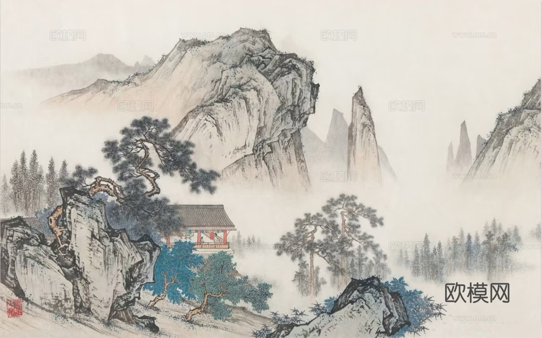 新中式暖色山水壁画