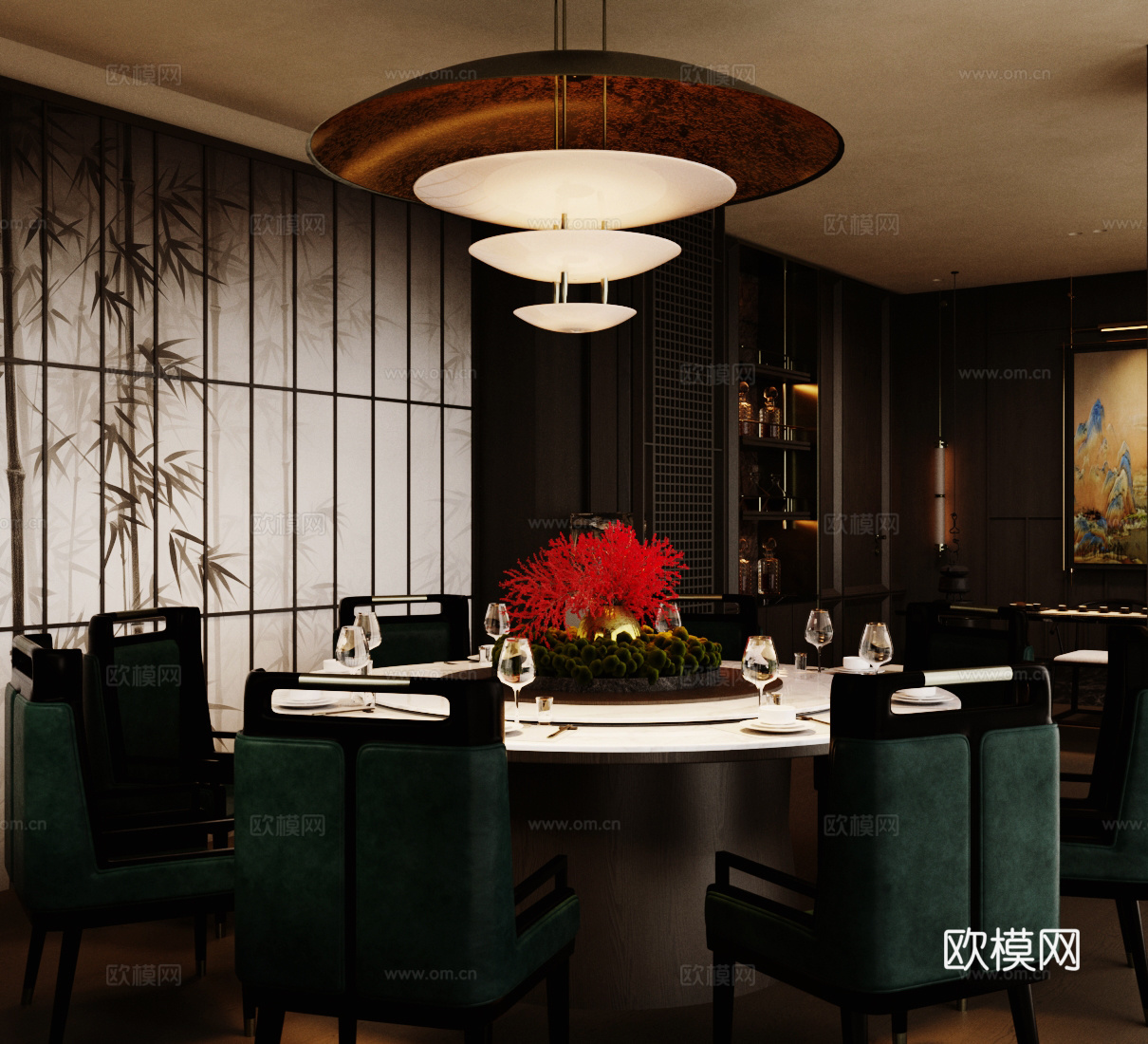 新中式包厢 餐厅包房 圆餐桌椅组合 酒店包厢 包厢餐桌椅su模型