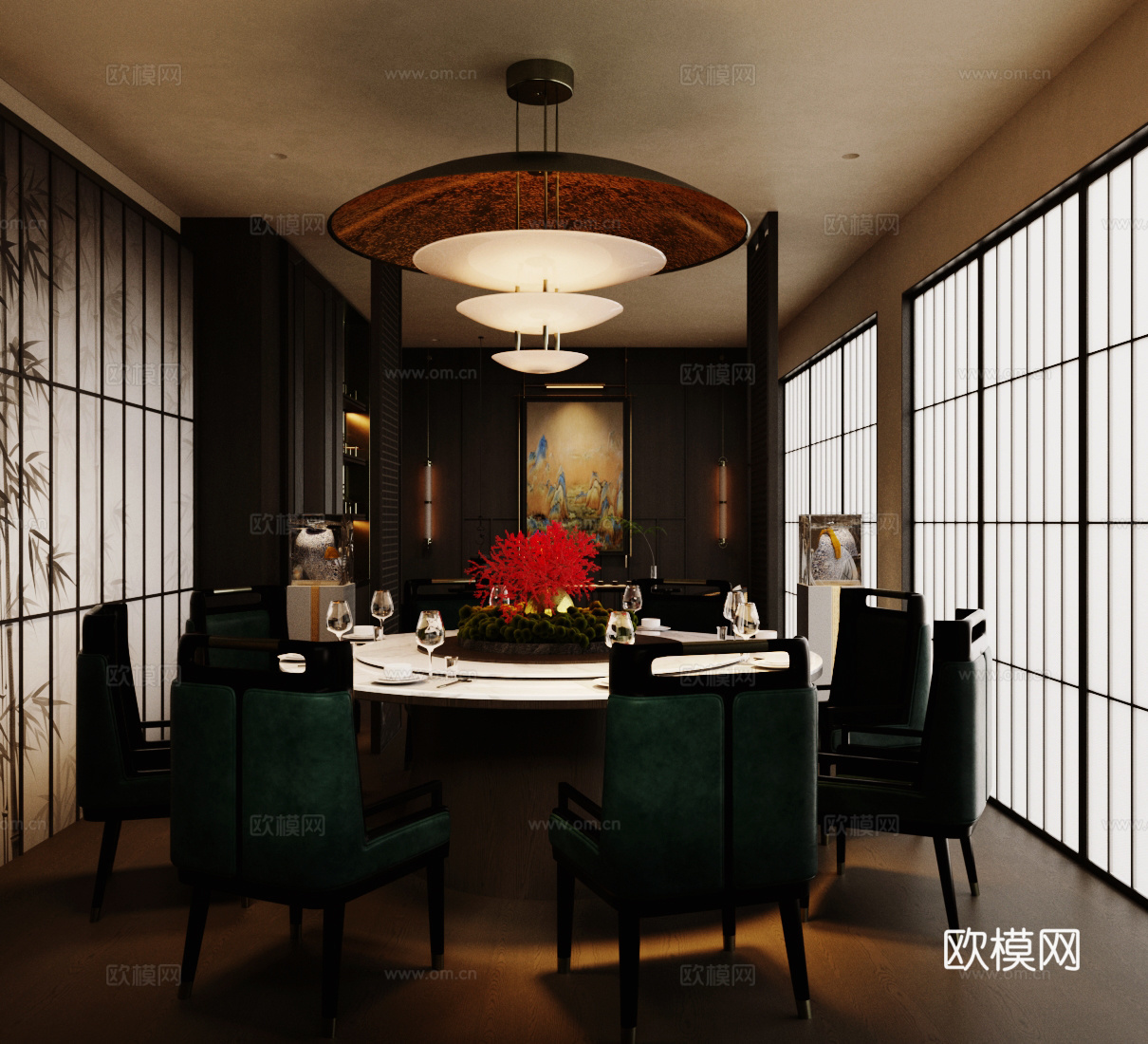 新中式包厢 餐厅包房 圆餐桌椅组合 酒店包厢 包厢餐桌椅su模型