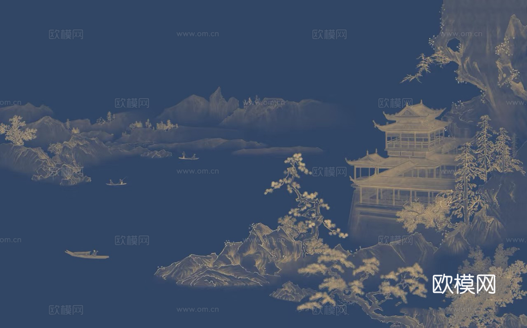 新中式蓝色山水建筑壁画