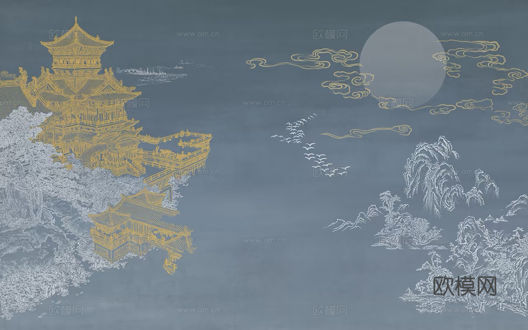新中式蓝色建筑壁画