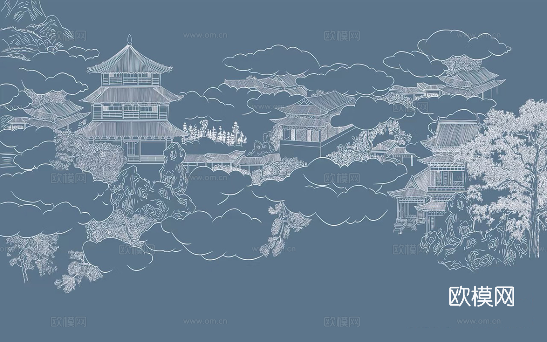 新中式蓝色山水建筑壁画