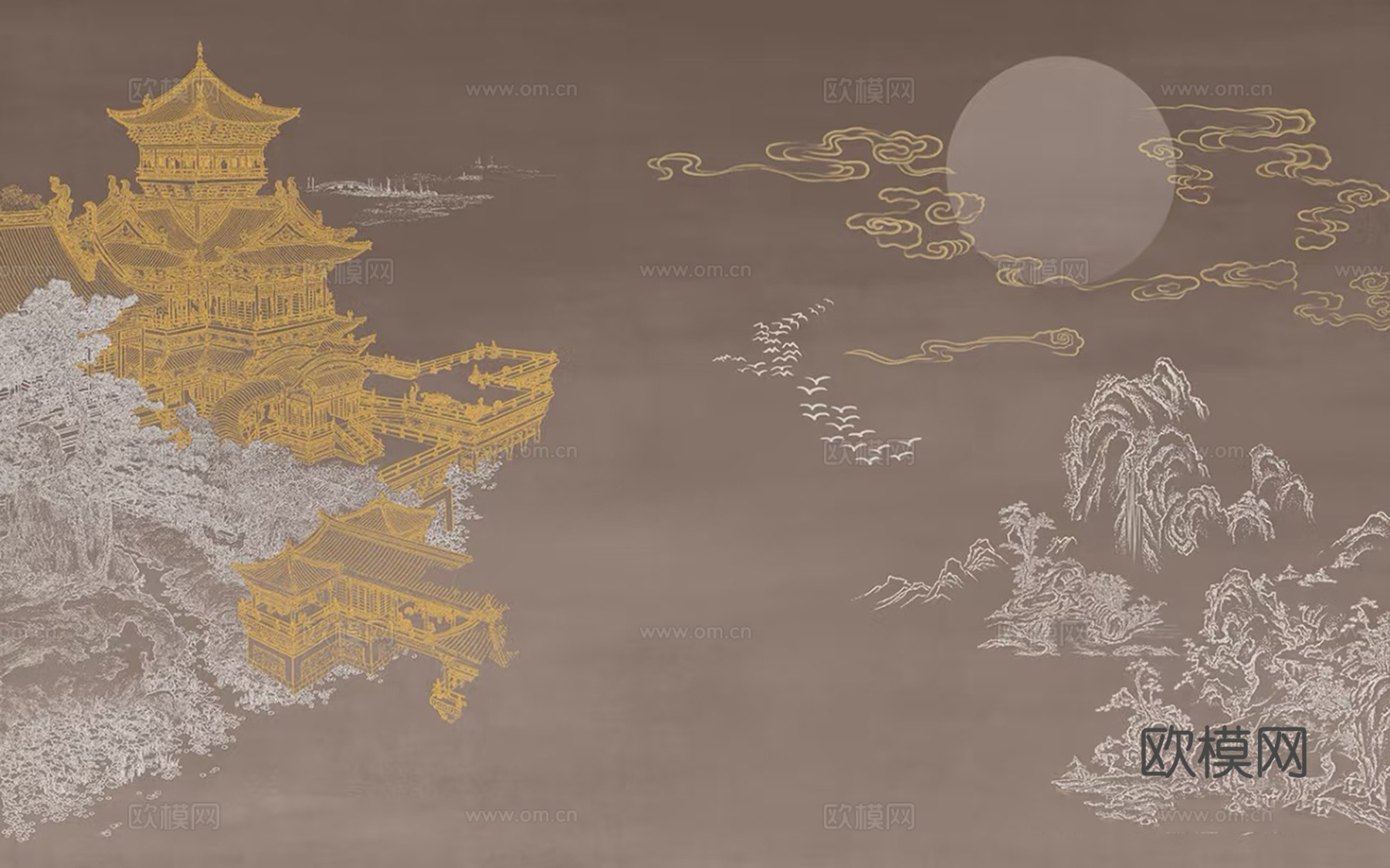 新中式棕色建筑壁画