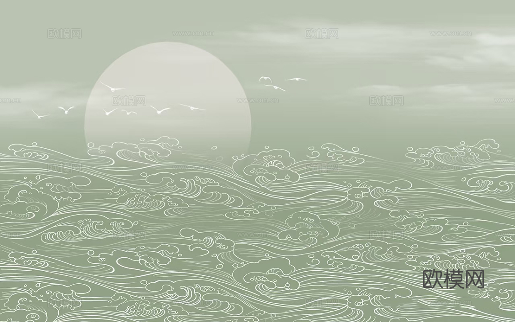 新中式绿色海浪壁画