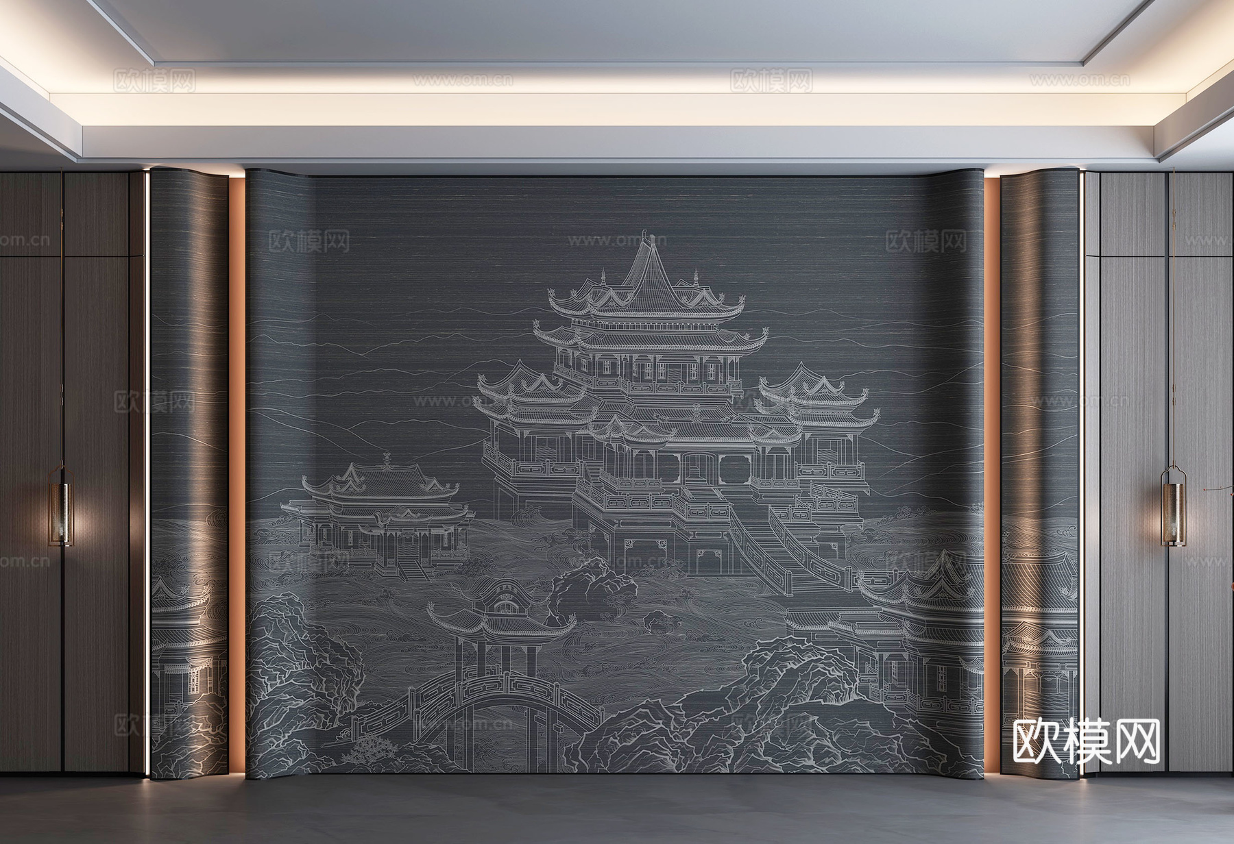 新中式背景墙su模型