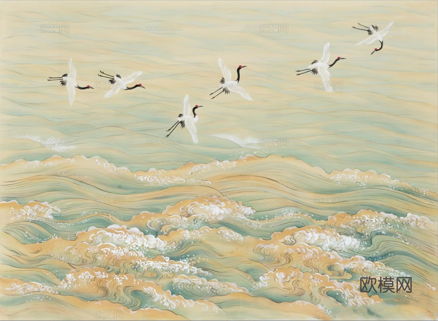 新中式暖绿色海浪壁画