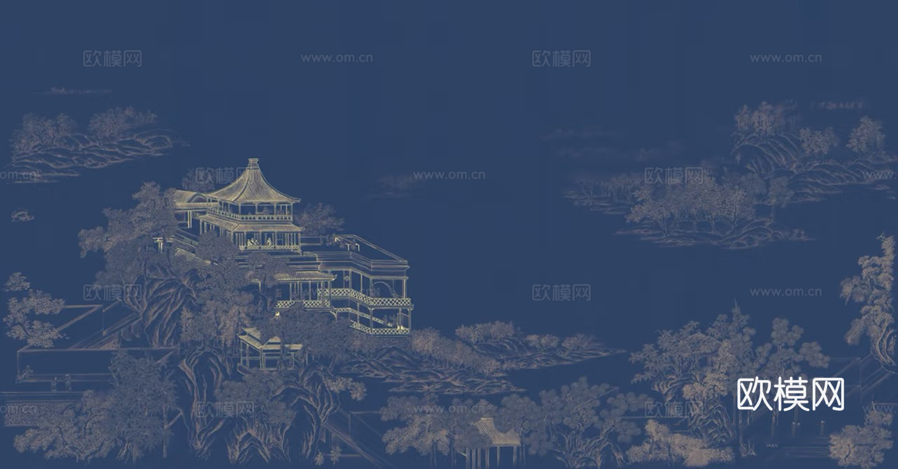 新中式蓝色山水建筑壁画