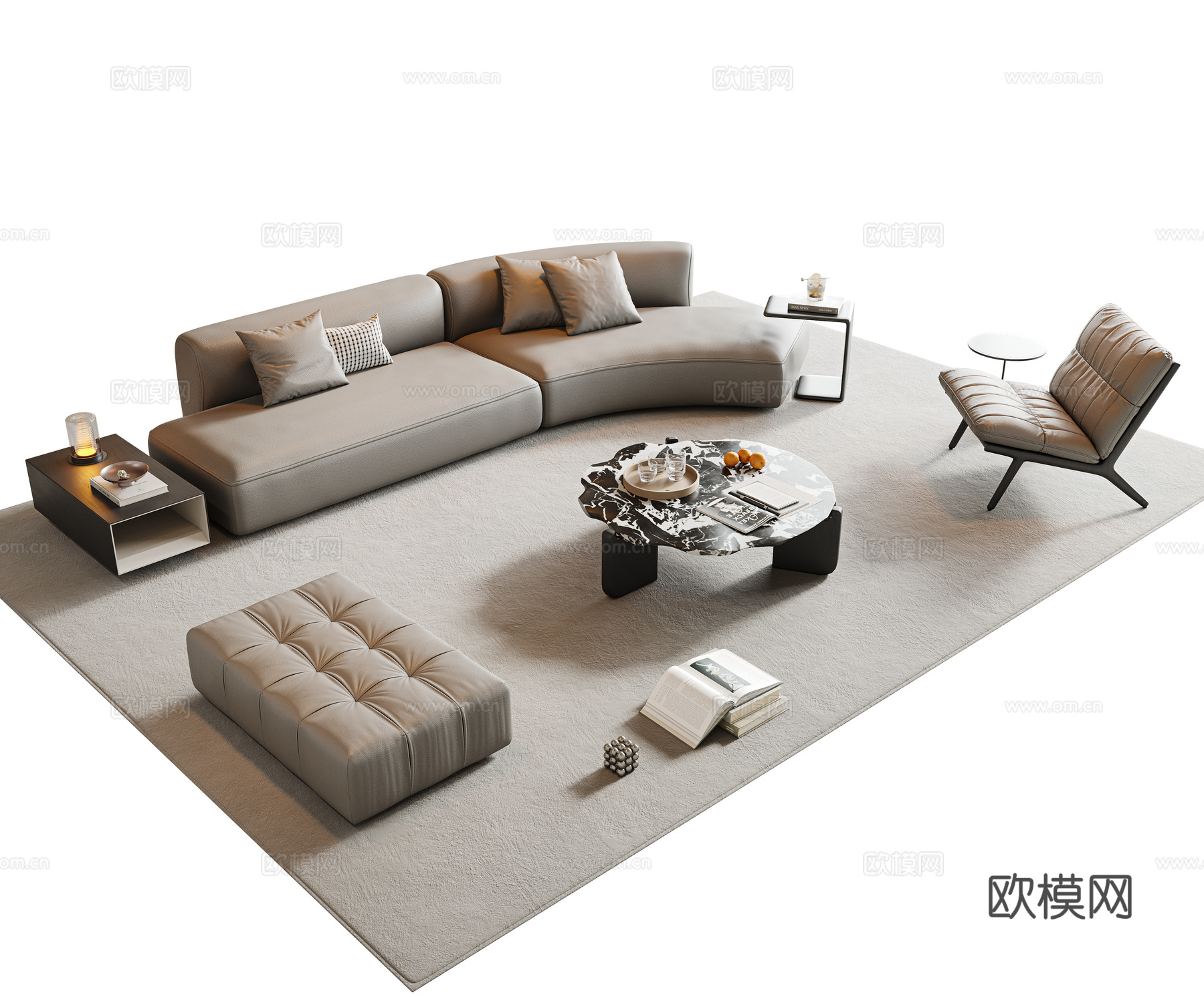 意式沙发茶几组合 弧形沙发 皮质沙发 多人沙发 组合沙发3d模型