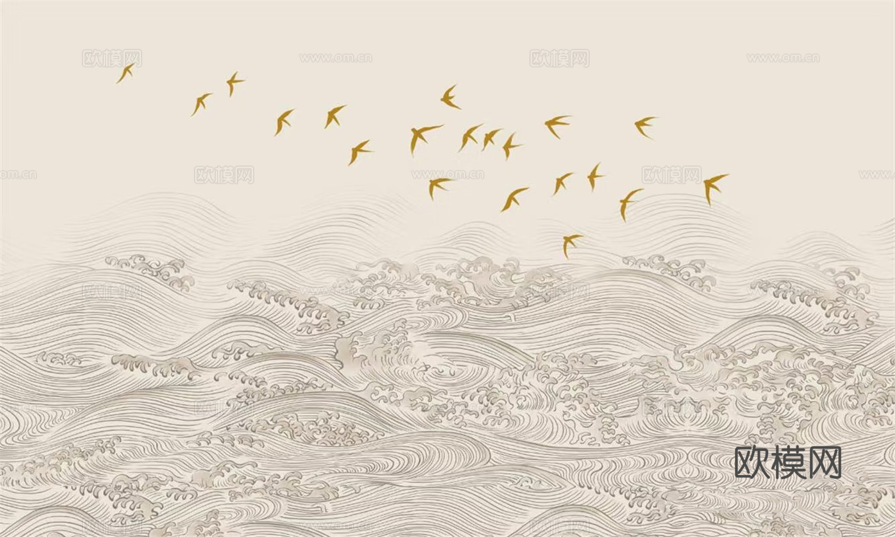 新中式暖色海浪壁画