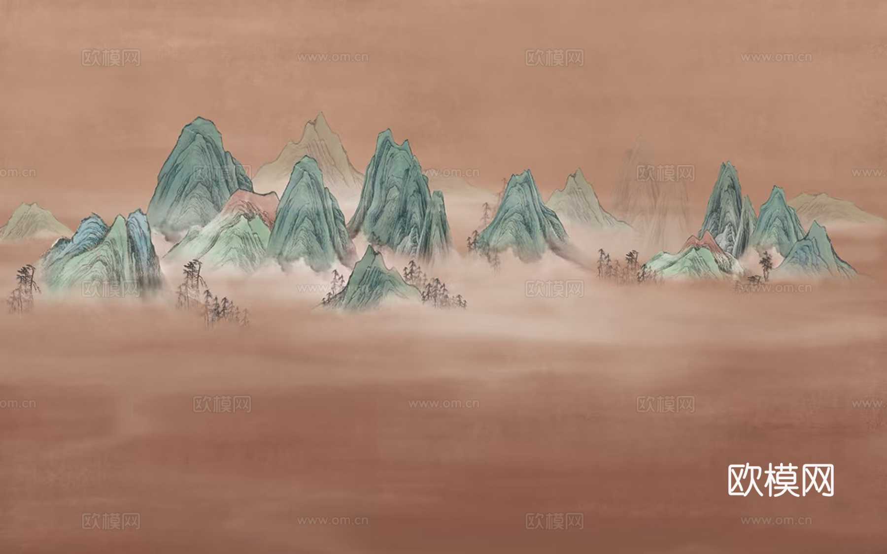 新中式红色山水壁画
