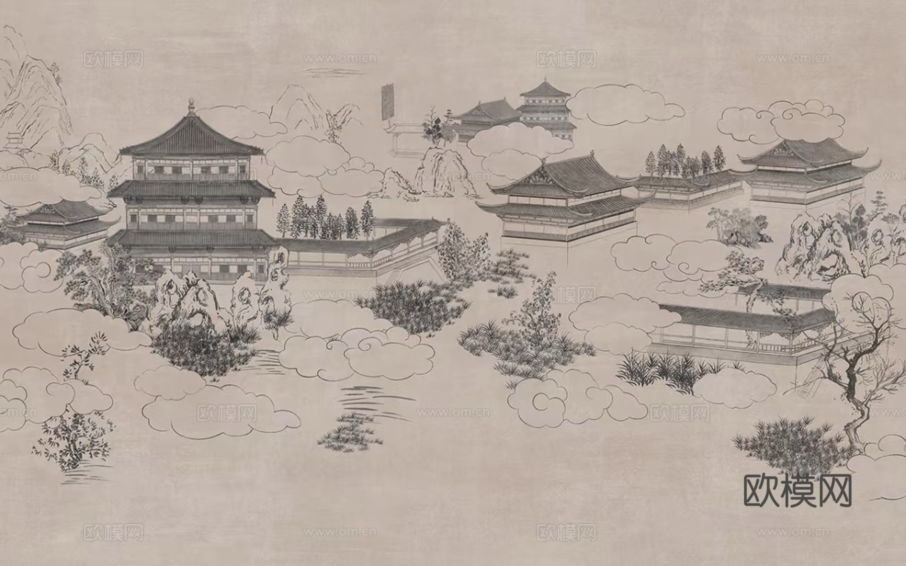 新中式暖色山水建筑壁画