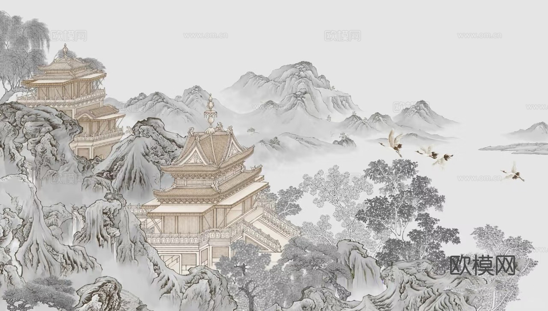 暖色水墨山水建筑壁画