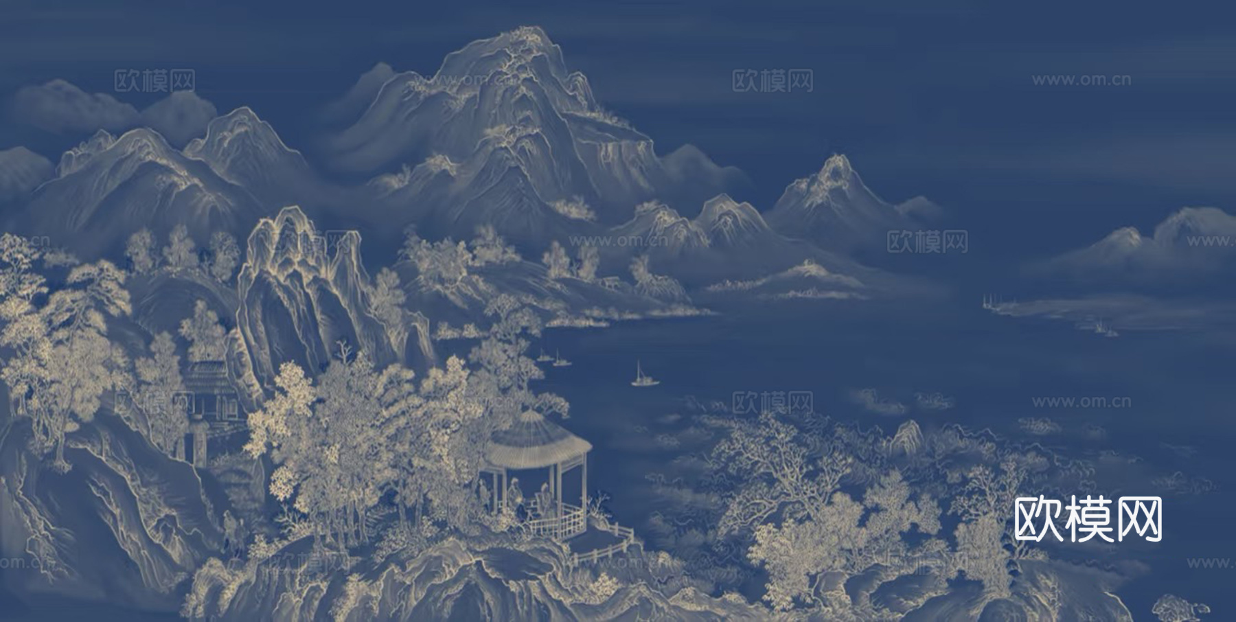 新中式蓝色山水建筑壁画