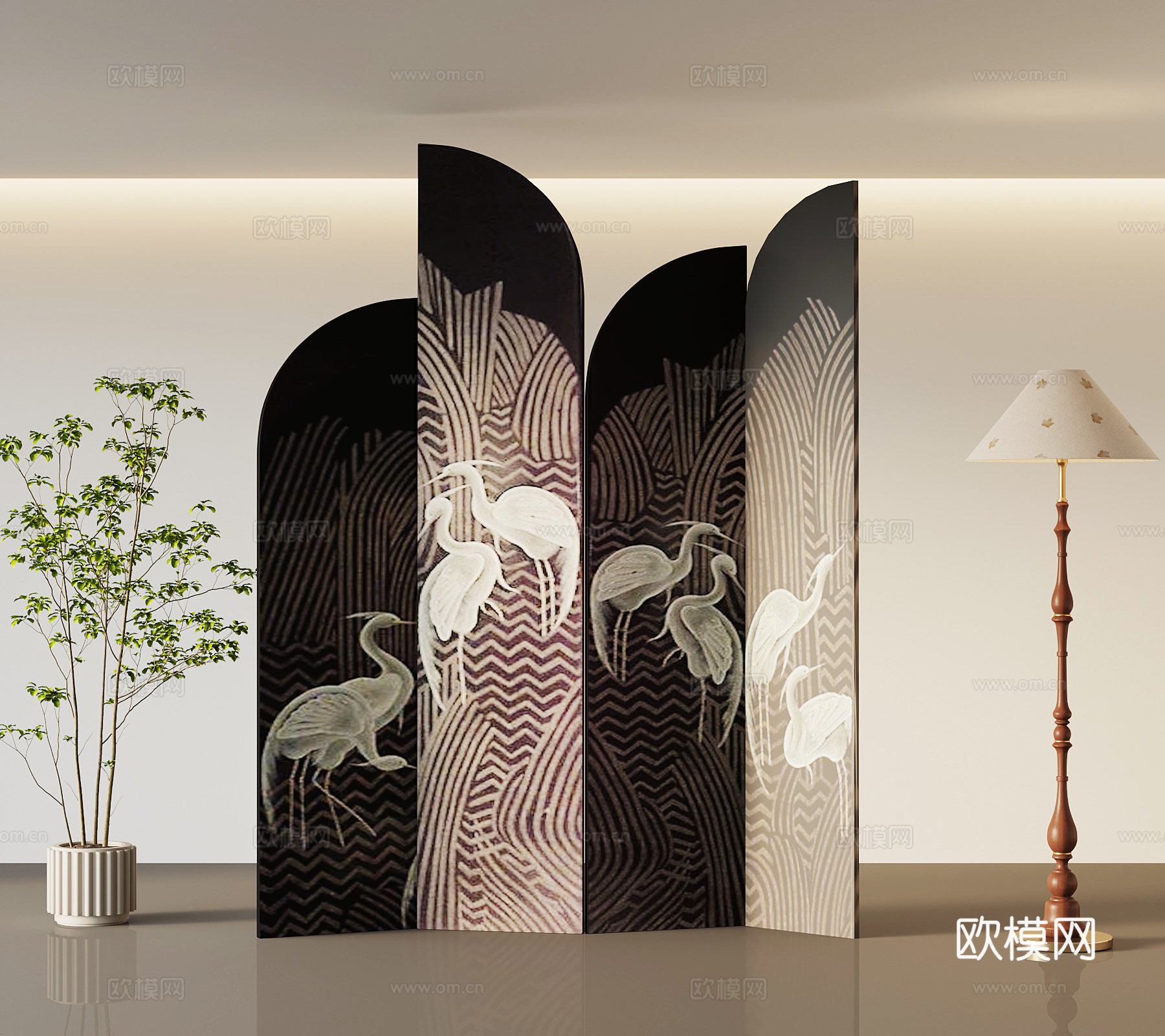 法式屏风隔断 绿植 落地灯3d模型