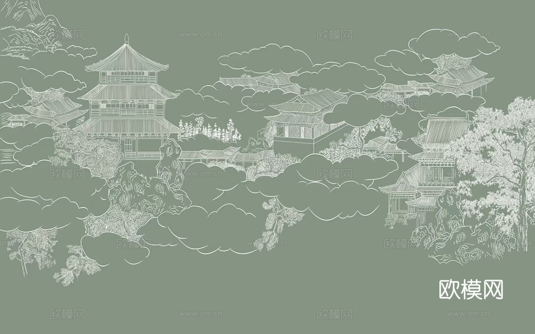 新中式绿色山水建筑壁画