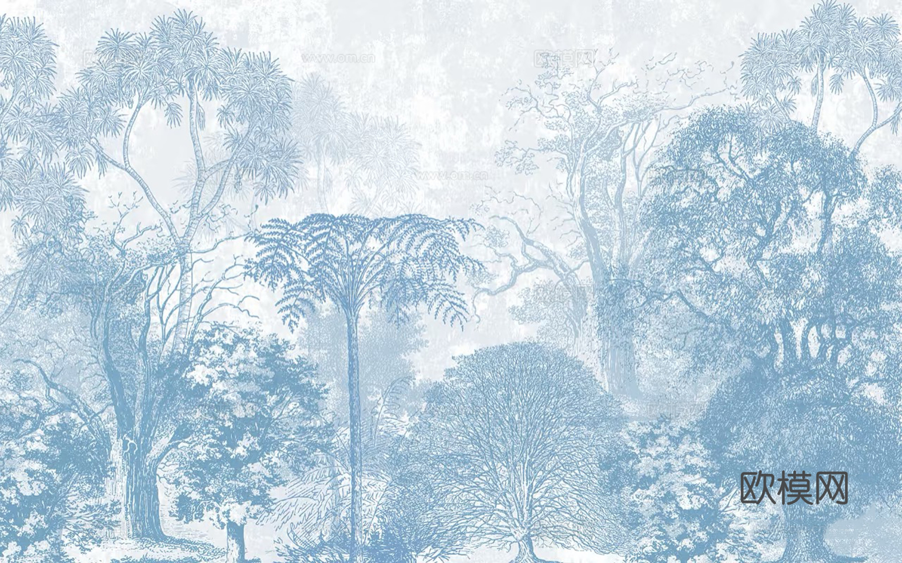 蓝色树林植物壁画