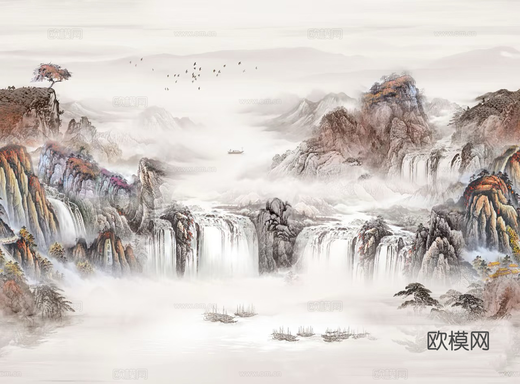 中式水墨山水壁画