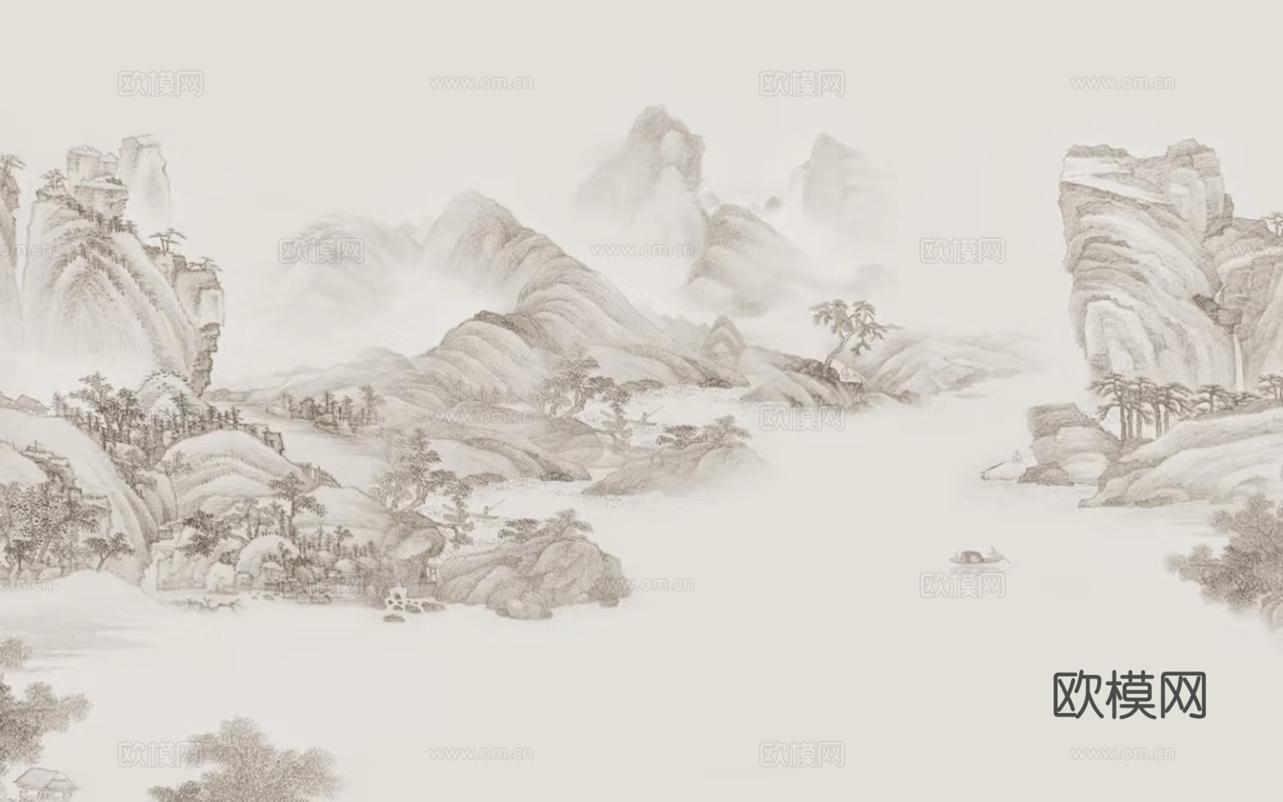 暖色水墨山水壁画