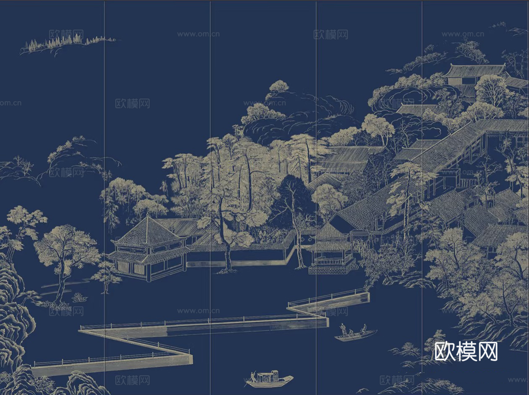 新中式蓝色山水建筑壁画