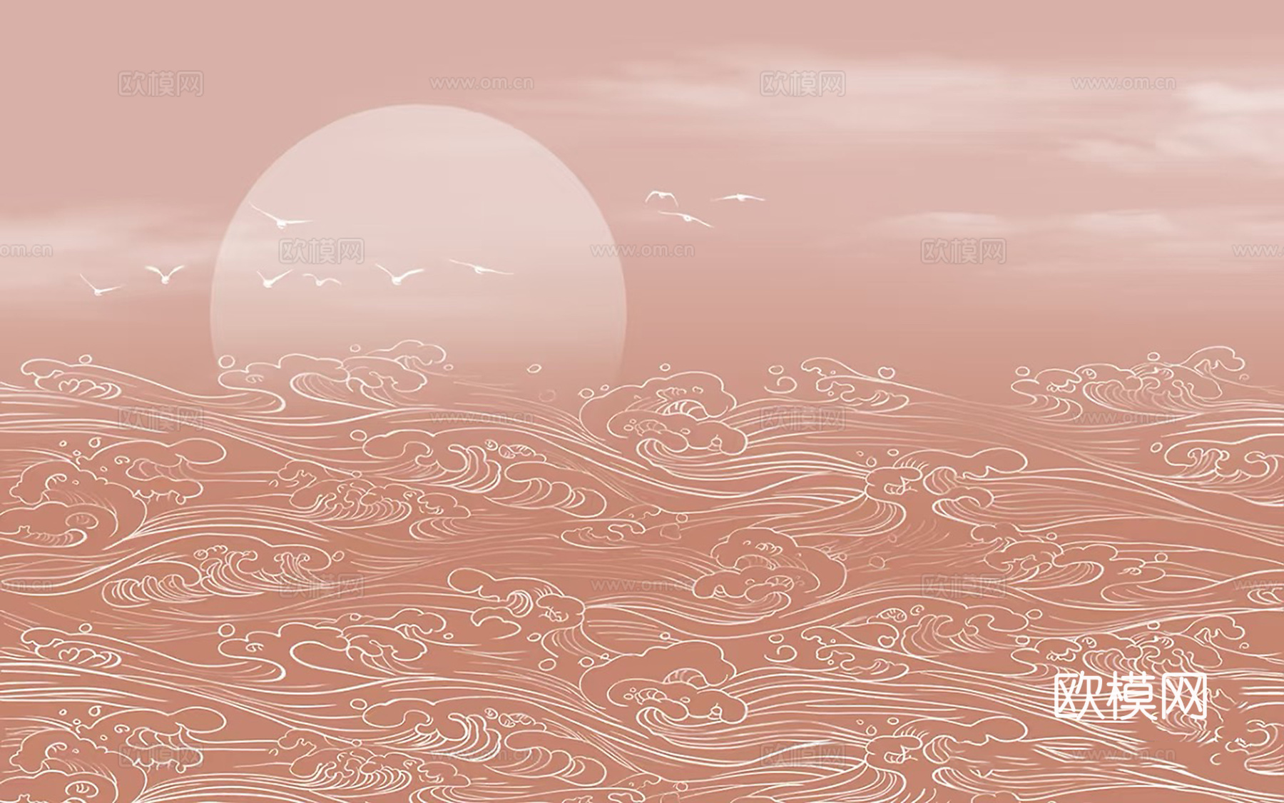 新中式粉色海浪壁画