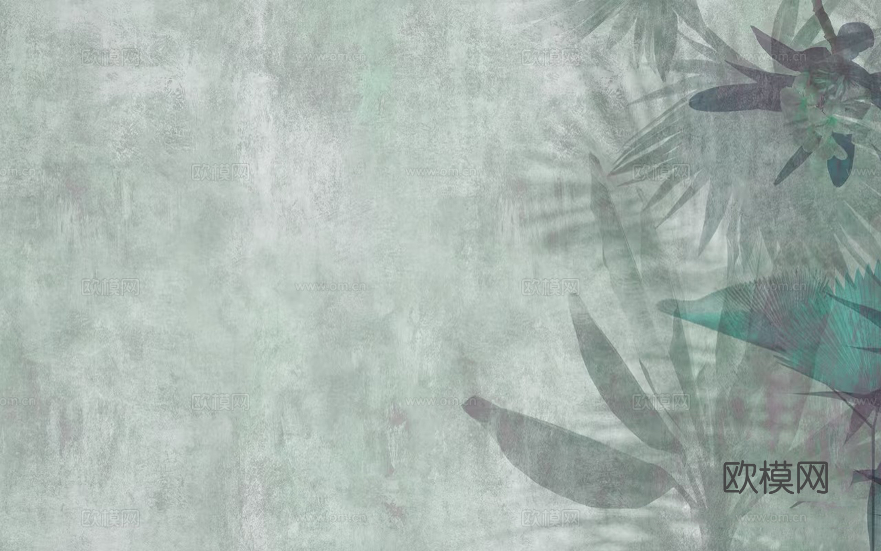 灰绿色复古做旧植物壁画