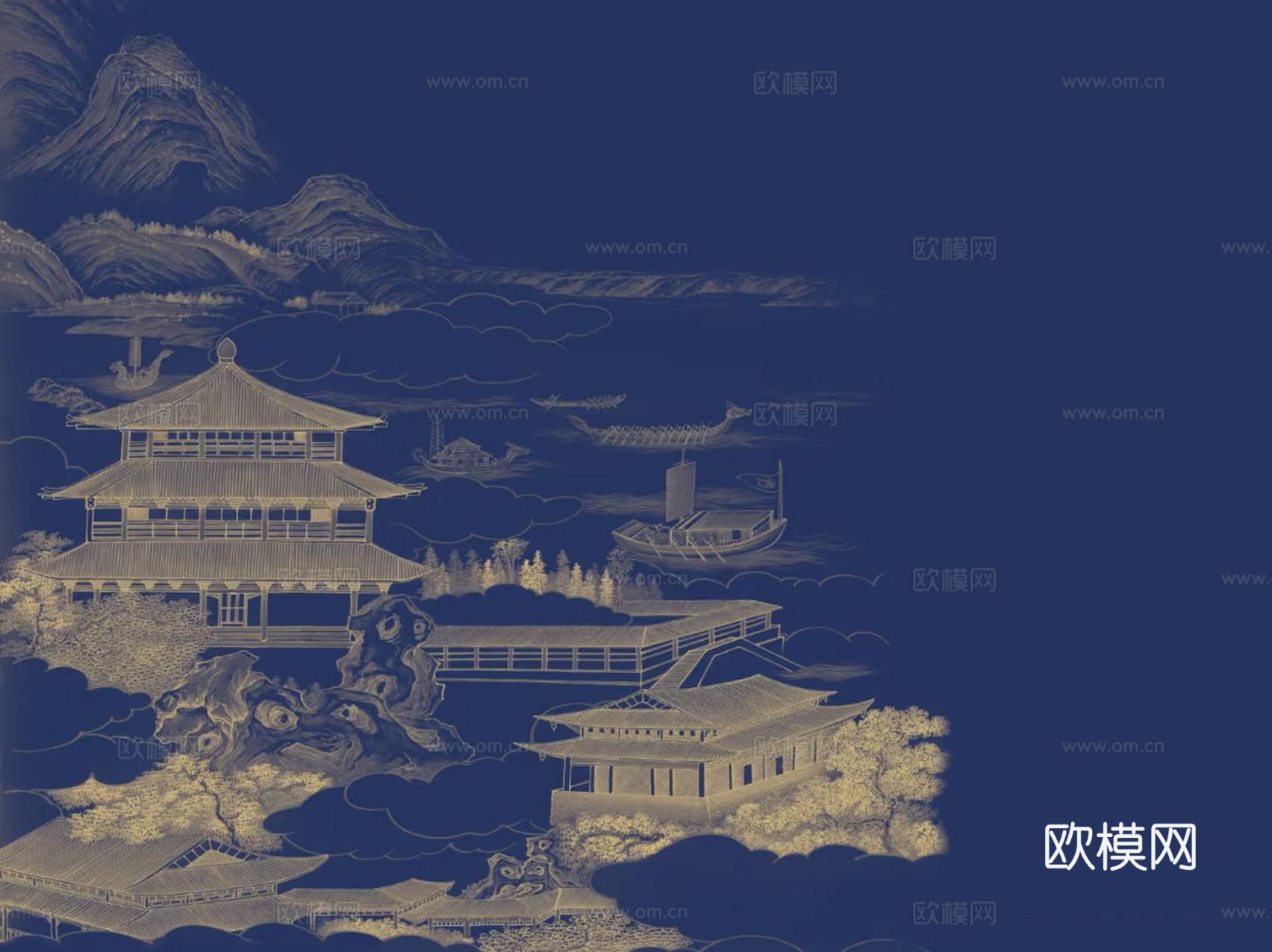 新中式蓝色山水建筑壁画