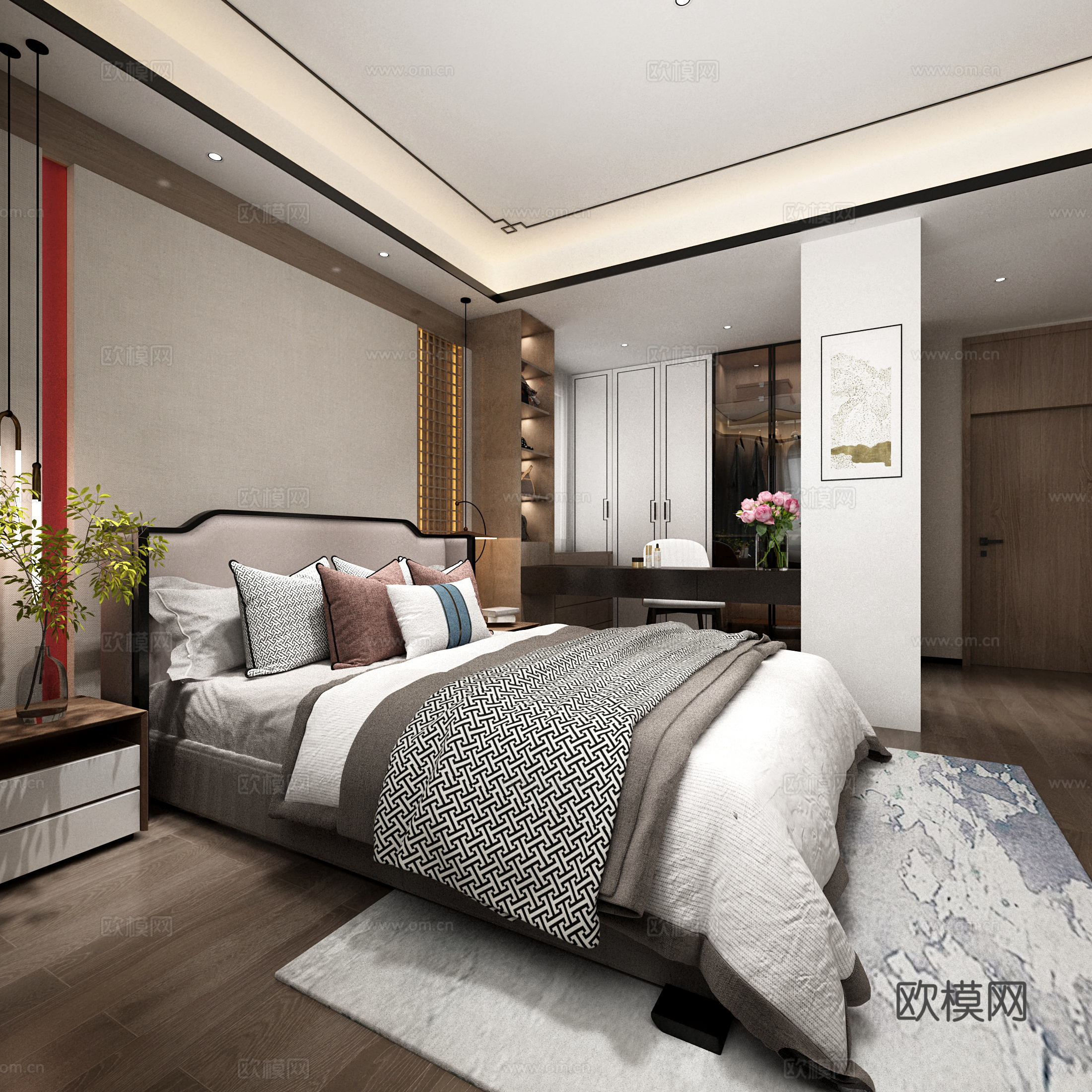 新中式主卧衣帽间 床组合3d模型