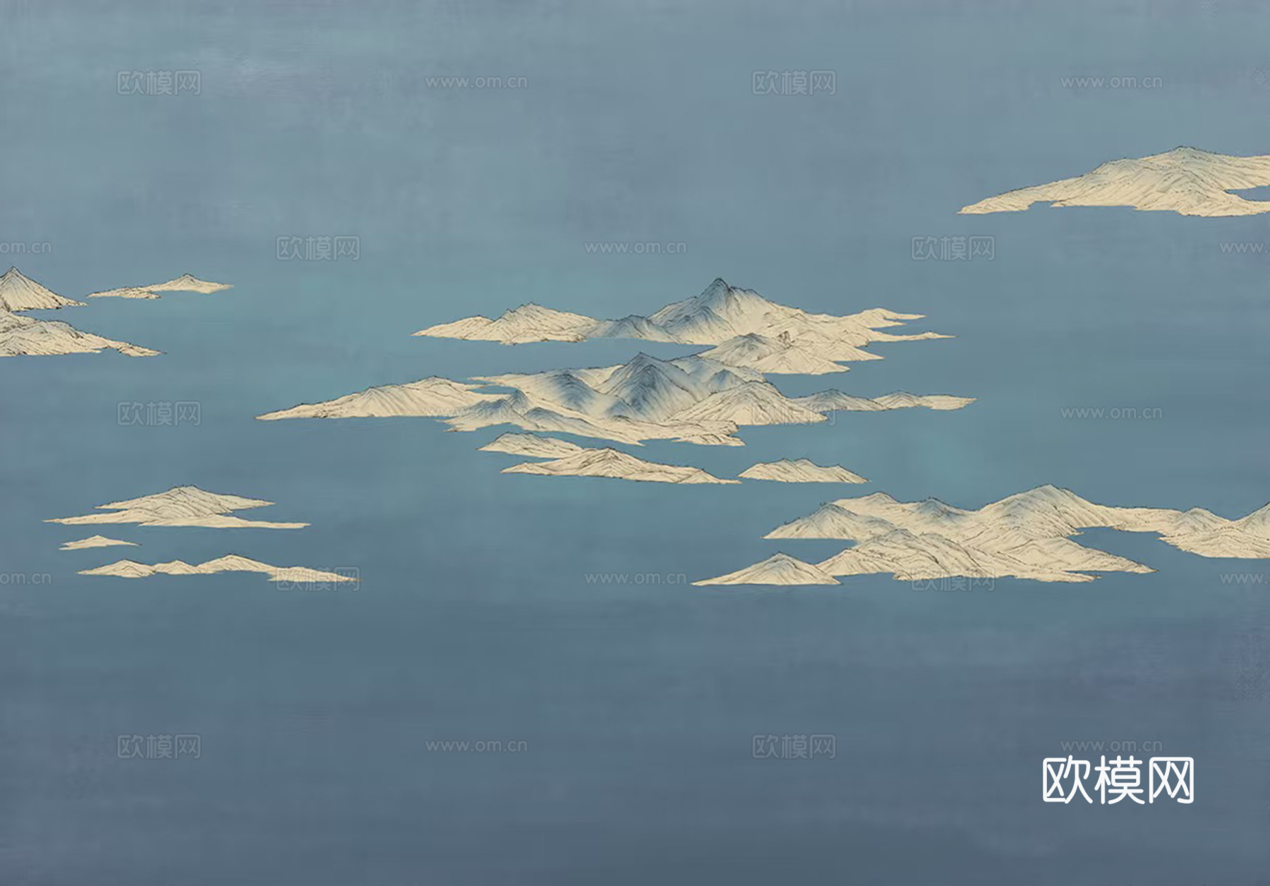 新中式蓝色山水壁画