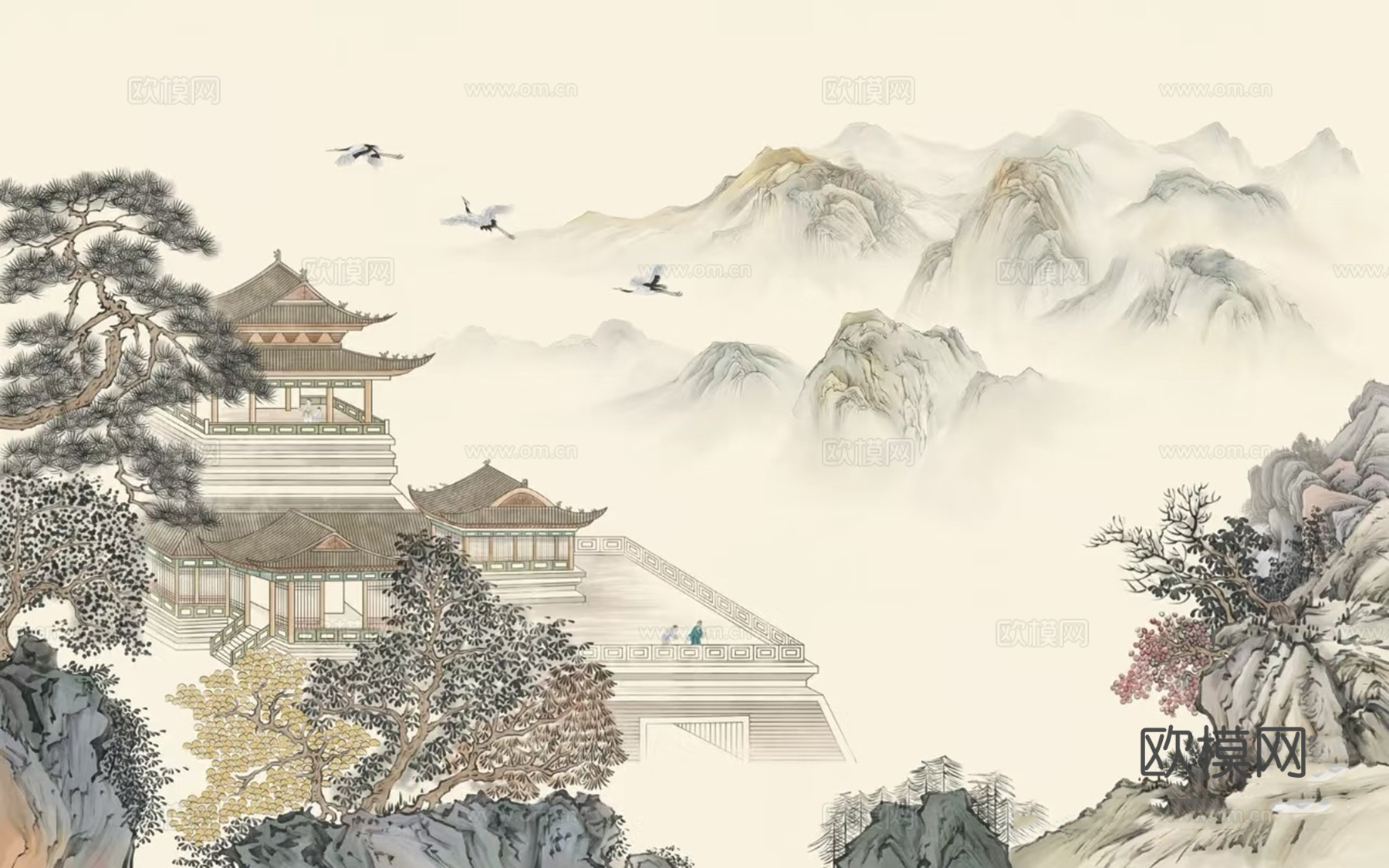 新中式暖色山水壁画