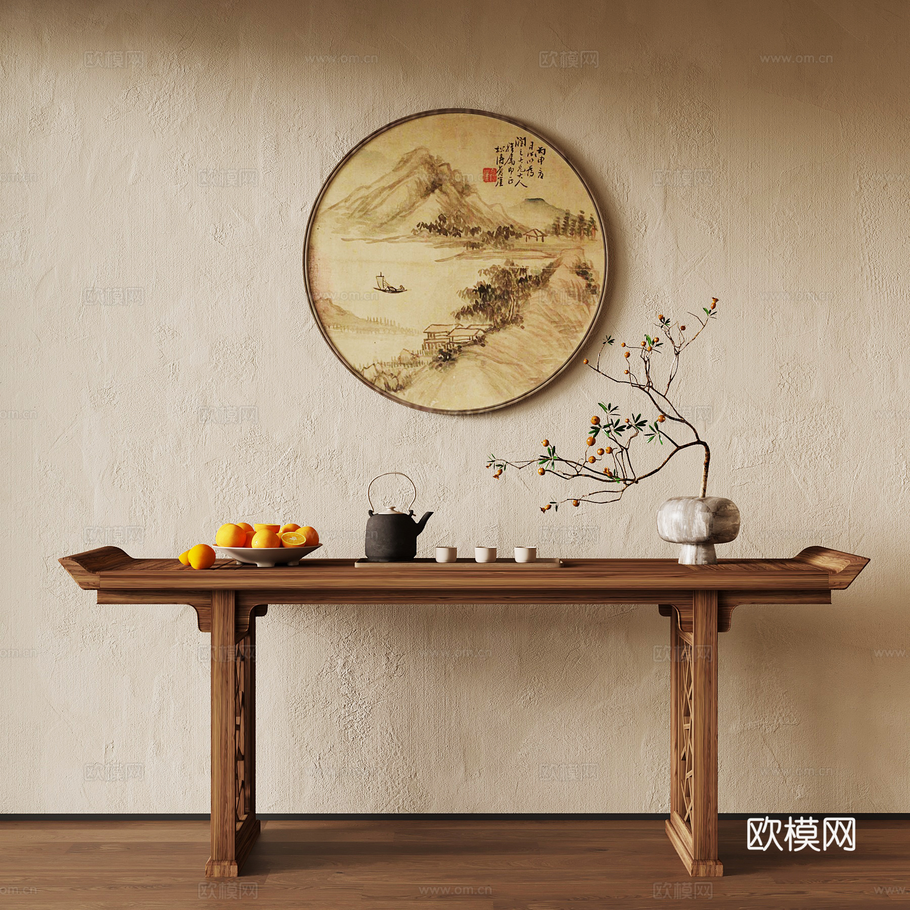 新中式端景台 条案 挂画摆件 盆栽3d模型