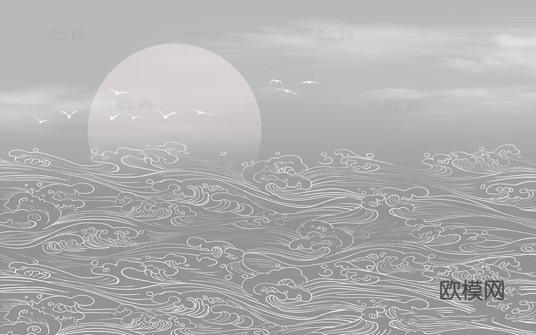 新中式灰色海浪壁画