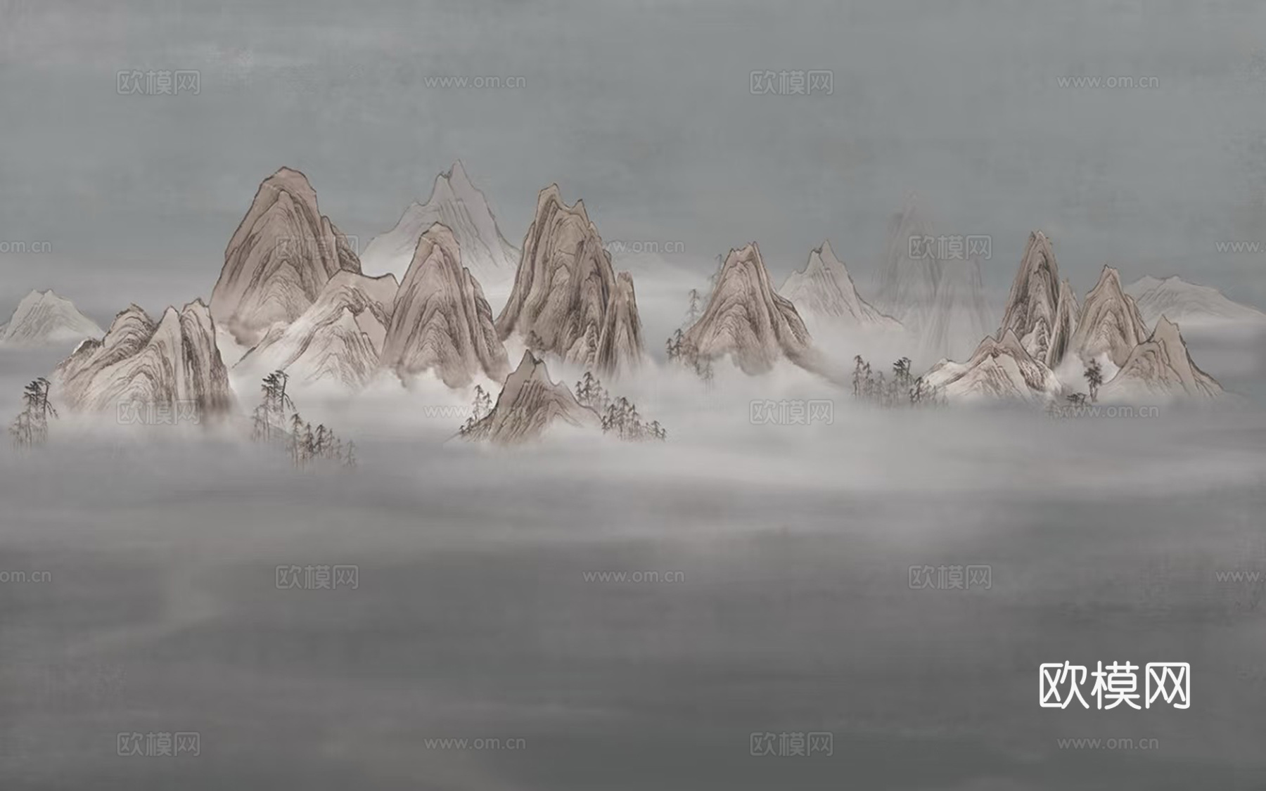 新中式灰色山水壁画