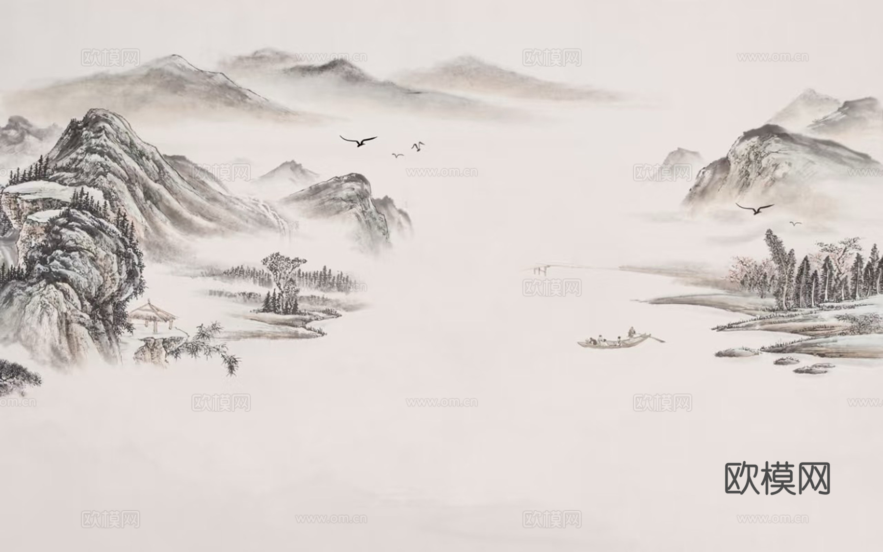 暖色水墨山水建筑壁画